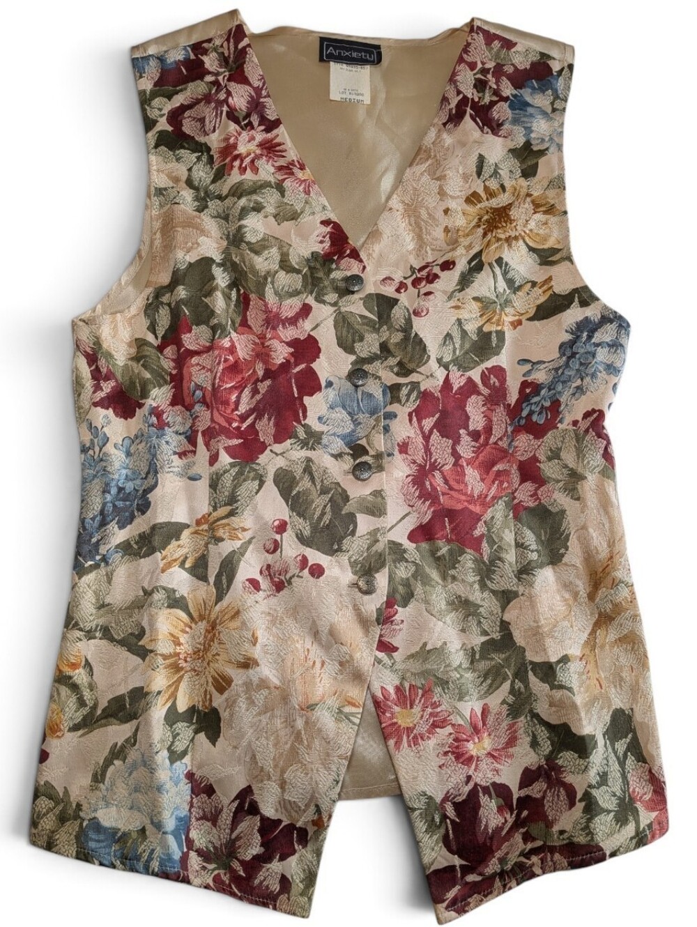 VTG 90s Anxiety Brocade Tapestry Floral Button Front Tie Back Waistcoat Vest M